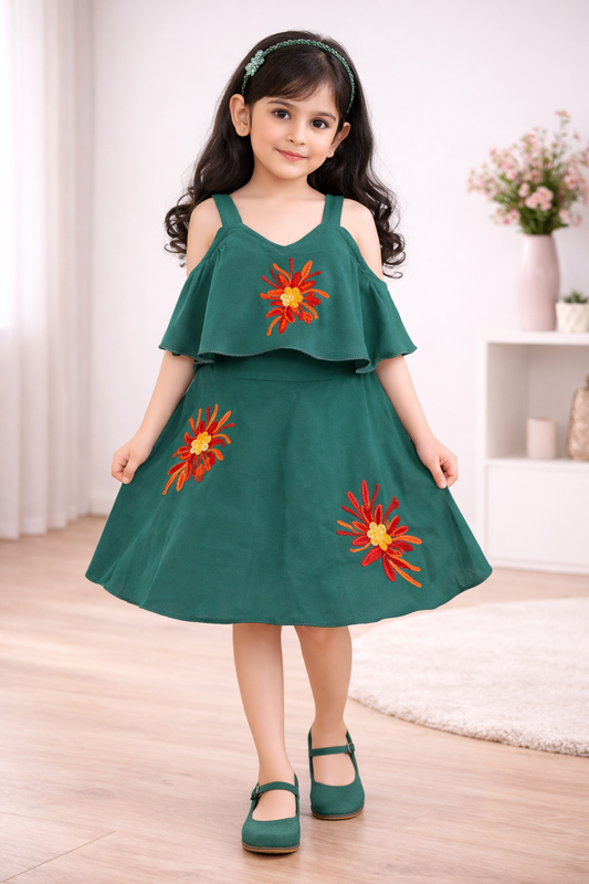 Girls Embroidered A-line Strap Neck dress