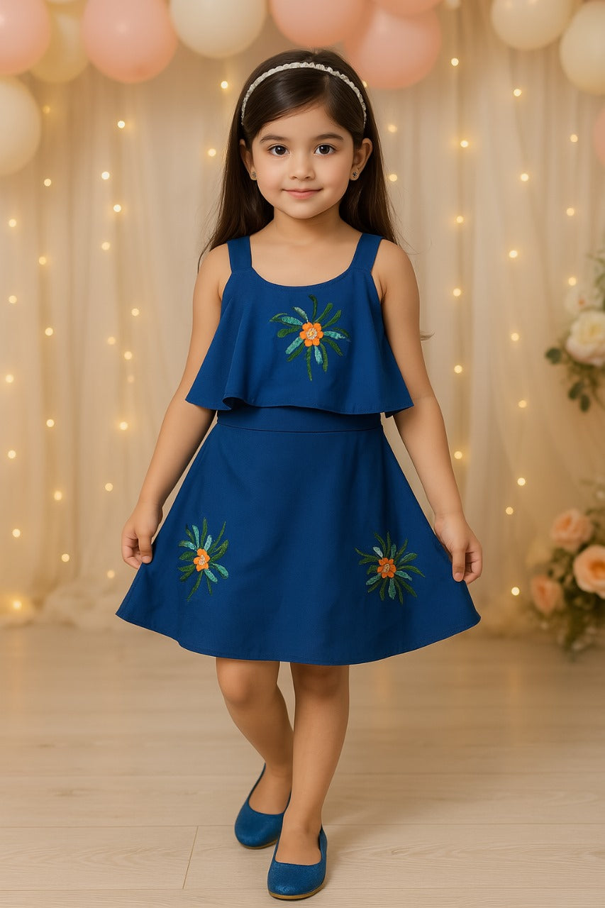 Girls Embroidered A-line Strap Neck dress