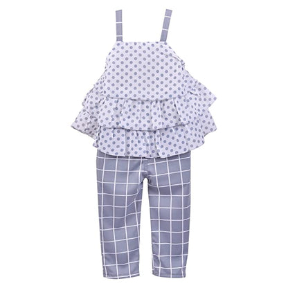 Girls Polka Dot Layered Top and Checkered Pants Set