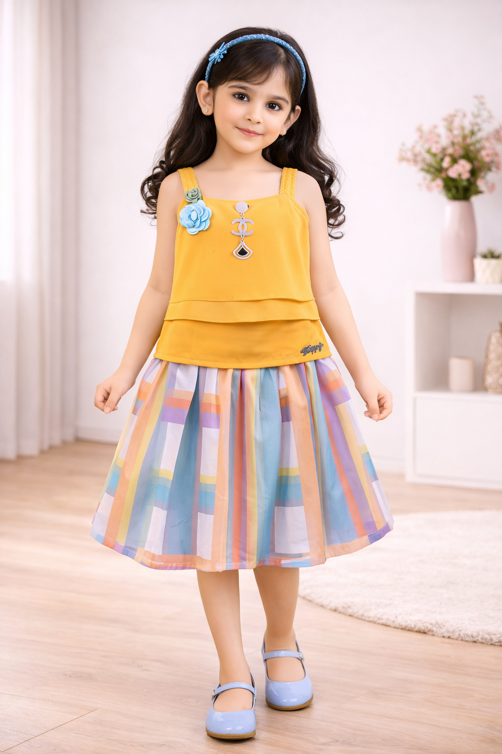 Wish Karo Baby Girls Yellow Layered Top & Striped Skirt Set