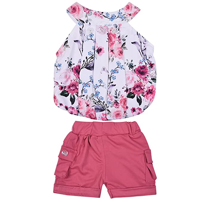Girls Floral Printed Halter Neck Top and Bottom Set