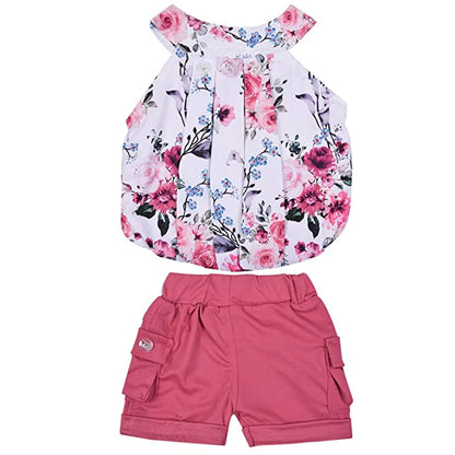Girls Floral Printed Halter Neck Top and Bottom Set