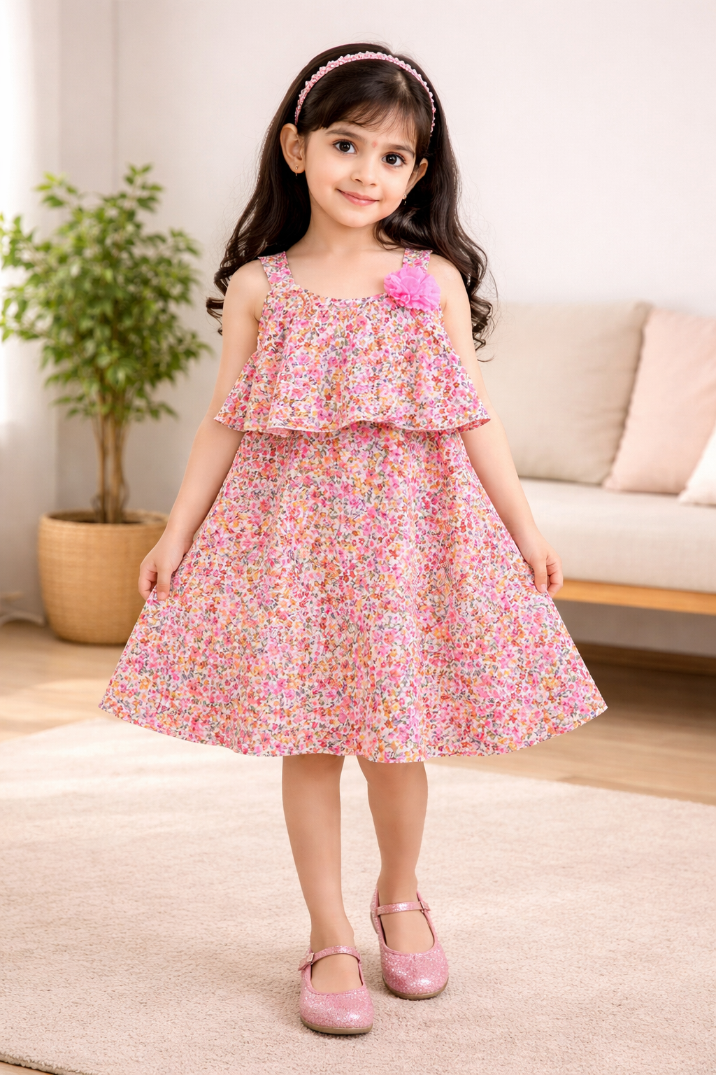 Girl's Pink Floral Ruffle Summer Dress