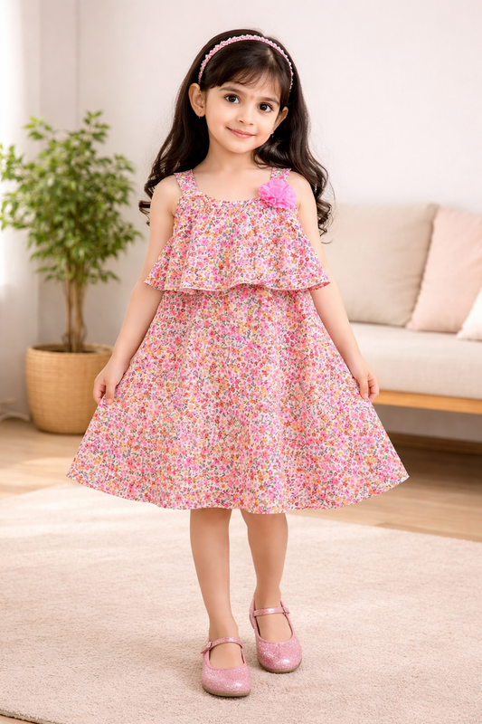 Girl's Pink Floral Ruffle Summer Dress