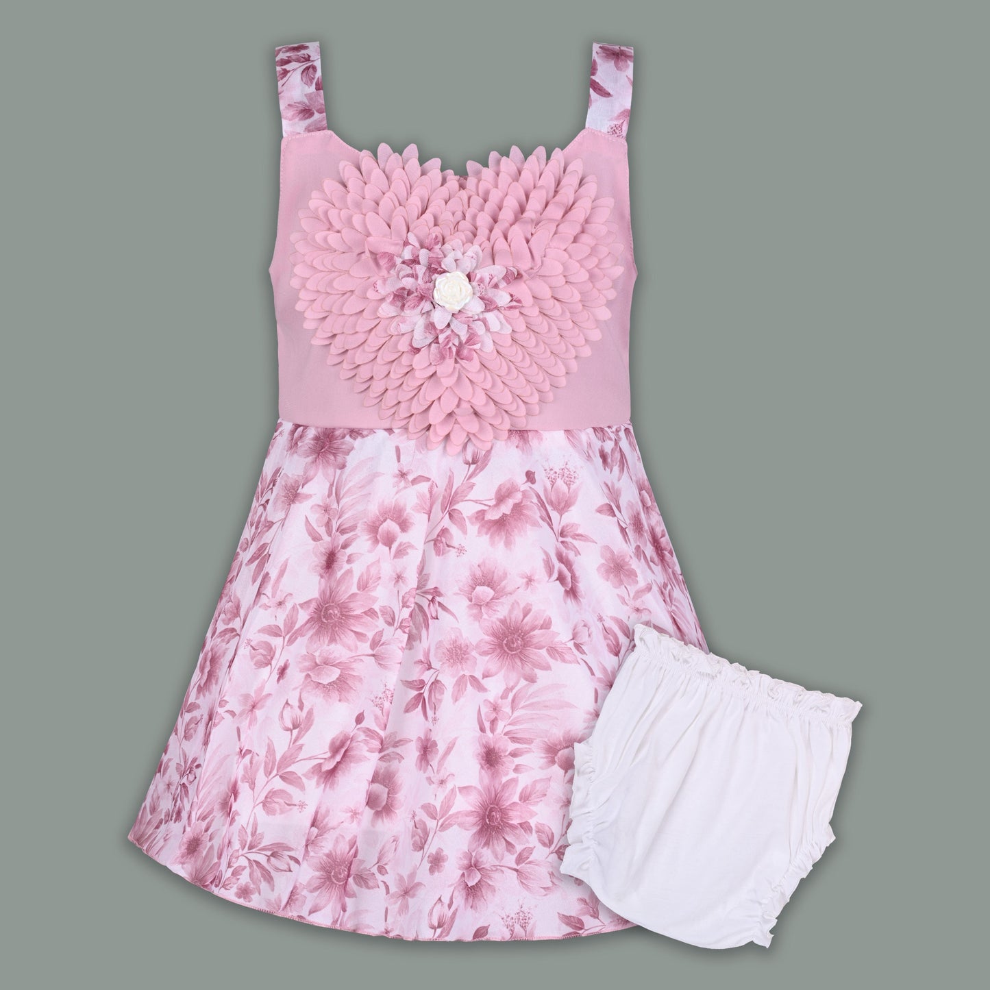 Baby Girl Georgette Floral Party Dress with 3D Heart Design & Bloomer