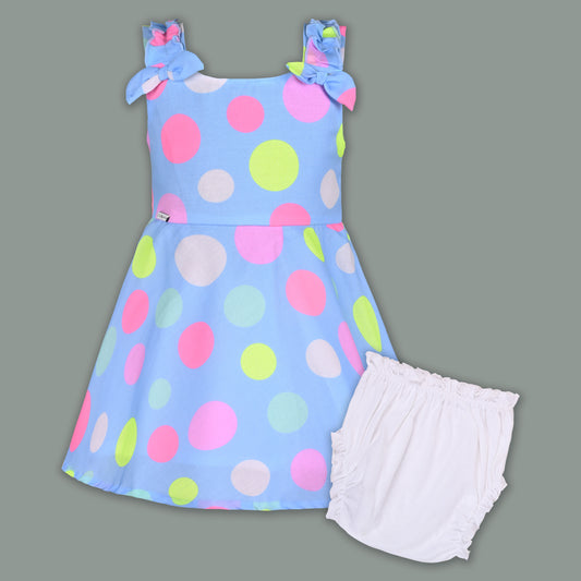 Baby Girl Polka Dot Frock with Colorful Print & Bloomers – Party Wear Dress for Kids