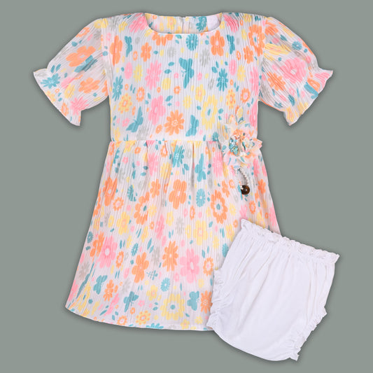 Baby Girl Georgette Floral Print Frock with Puff Sleeves & Bloomers – Party Wear Dress for Kids