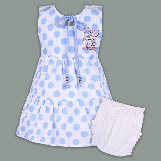 Baby Girl Satin Polka Dot Frock with Cute Unicorn Patch & Bloomers – Party Wear Dress for Kids