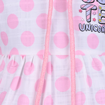 Baby Girl Satin Polka Dot Frock with Cute Unicorn Patch & Bloomers – Party Wear Dress for Kids
