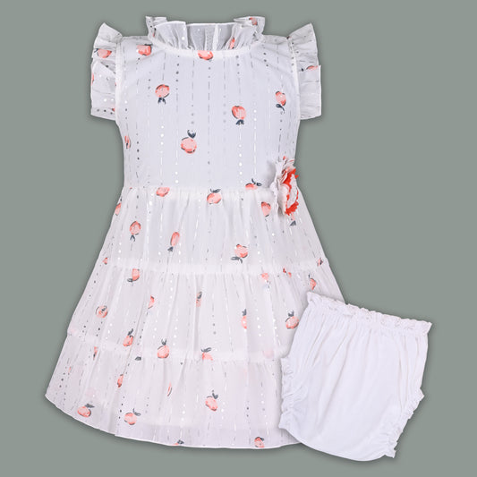Baby Girl Georgette White Frock with Peach Print & Bloomers – Party Wear Dress for Kids