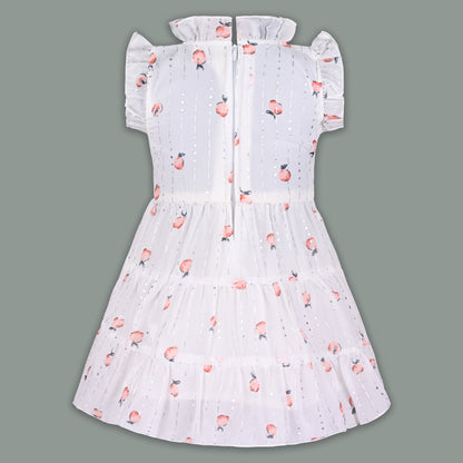 Baby Girl Georgette White Frock with Peach Print & Bloomers – Party Wear Dress for Kids