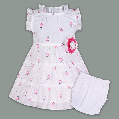 Baby Girl Georgette White Frock with Peach Print & Bloomers – Party Wear Dress for Kids