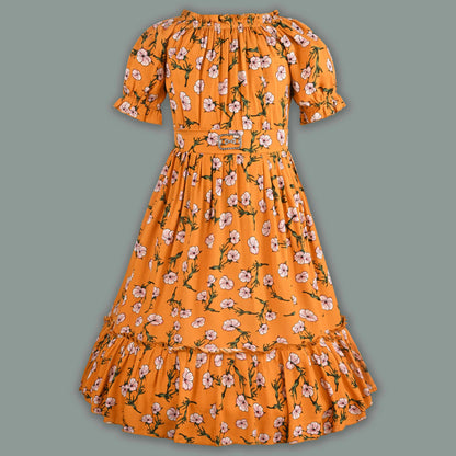 Girls Printed Puff Sleeve Midi Dress