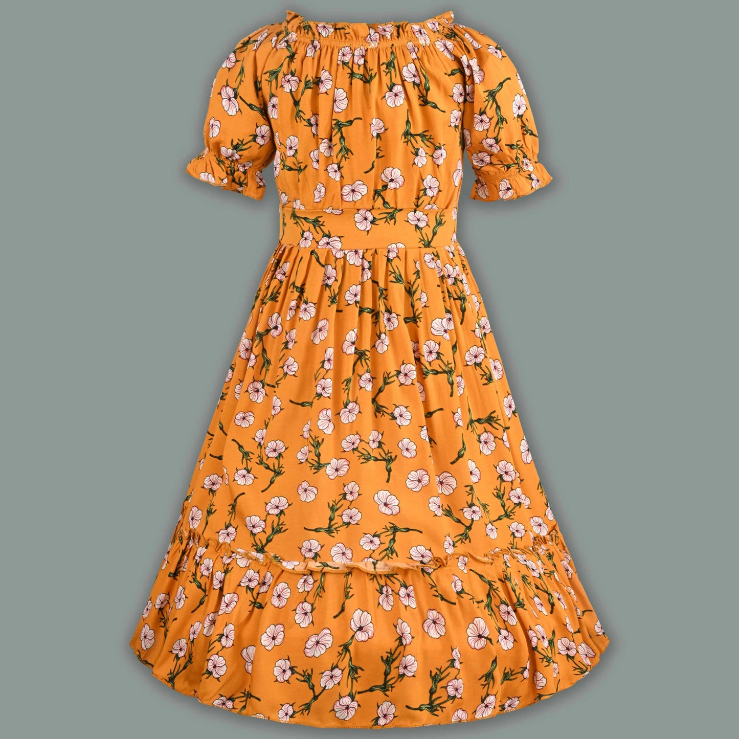 Girls Printed Puff Sleeve Midi Dress