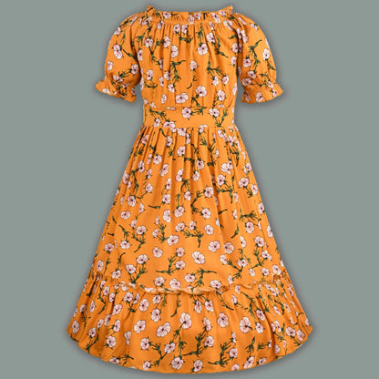 Girls Printed Puff Sleeve Midi Dress