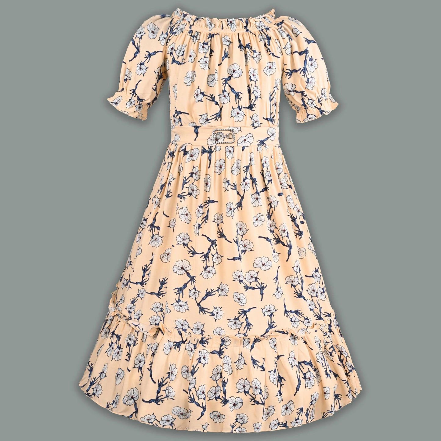 Girls Printed Puff Sleeve Midi Dress