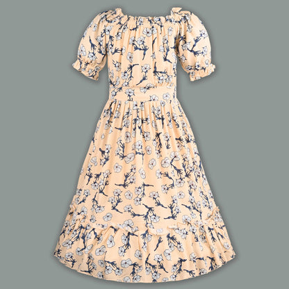 Girls Printed Puff Sleeve Midi Dress