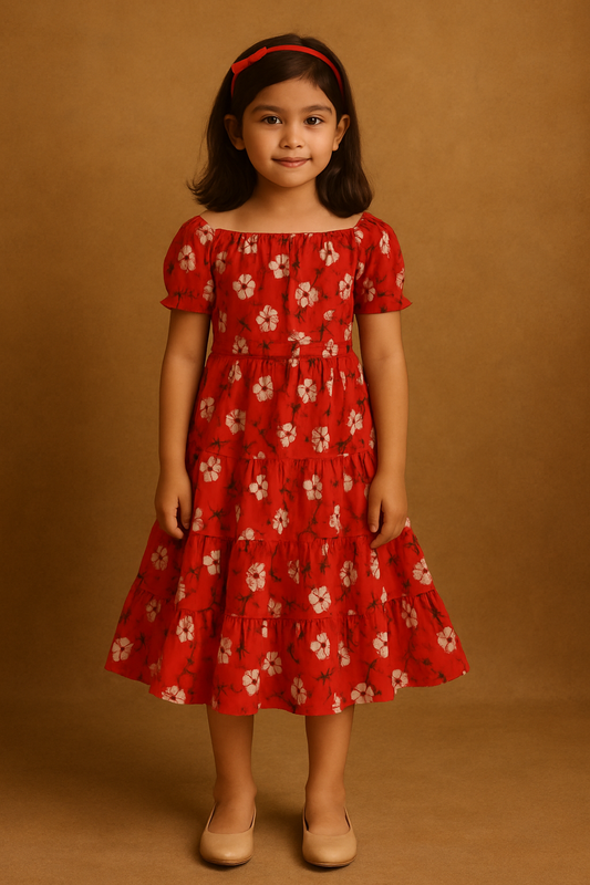 Girls Printed Summer Dress with Puff Sleeves & Gathered Neck