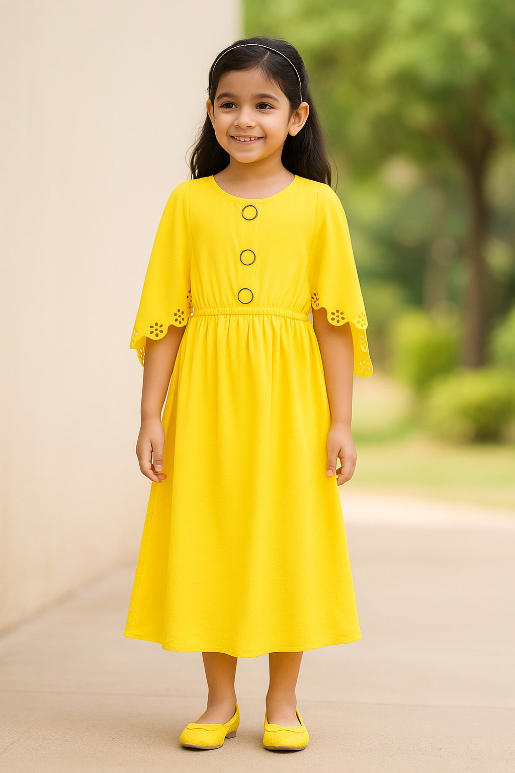 Girls Solid Kimono Sleeve Fit and Flare Frock Dress