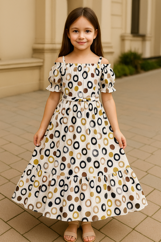 Girls Printed Summer Dress with Puff Sleeves & Gathered Neck