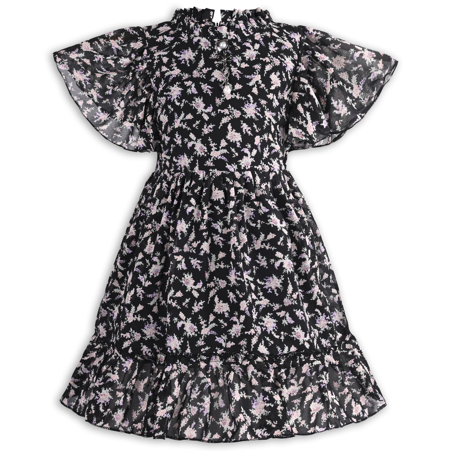 Girls Floral Print Georgette Casual Dress with Flared Sleeves