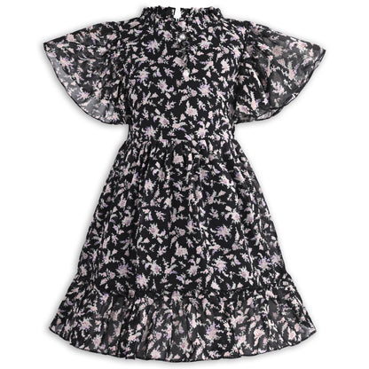 Girls Floral Print Georgette Casual Dress with Flared Sleeves
