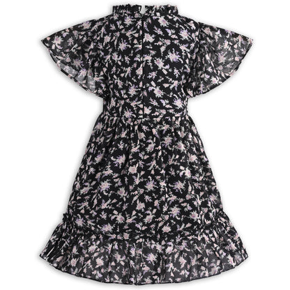 Girls Floral Print Georgette Casual Dress with Flared Sleeves