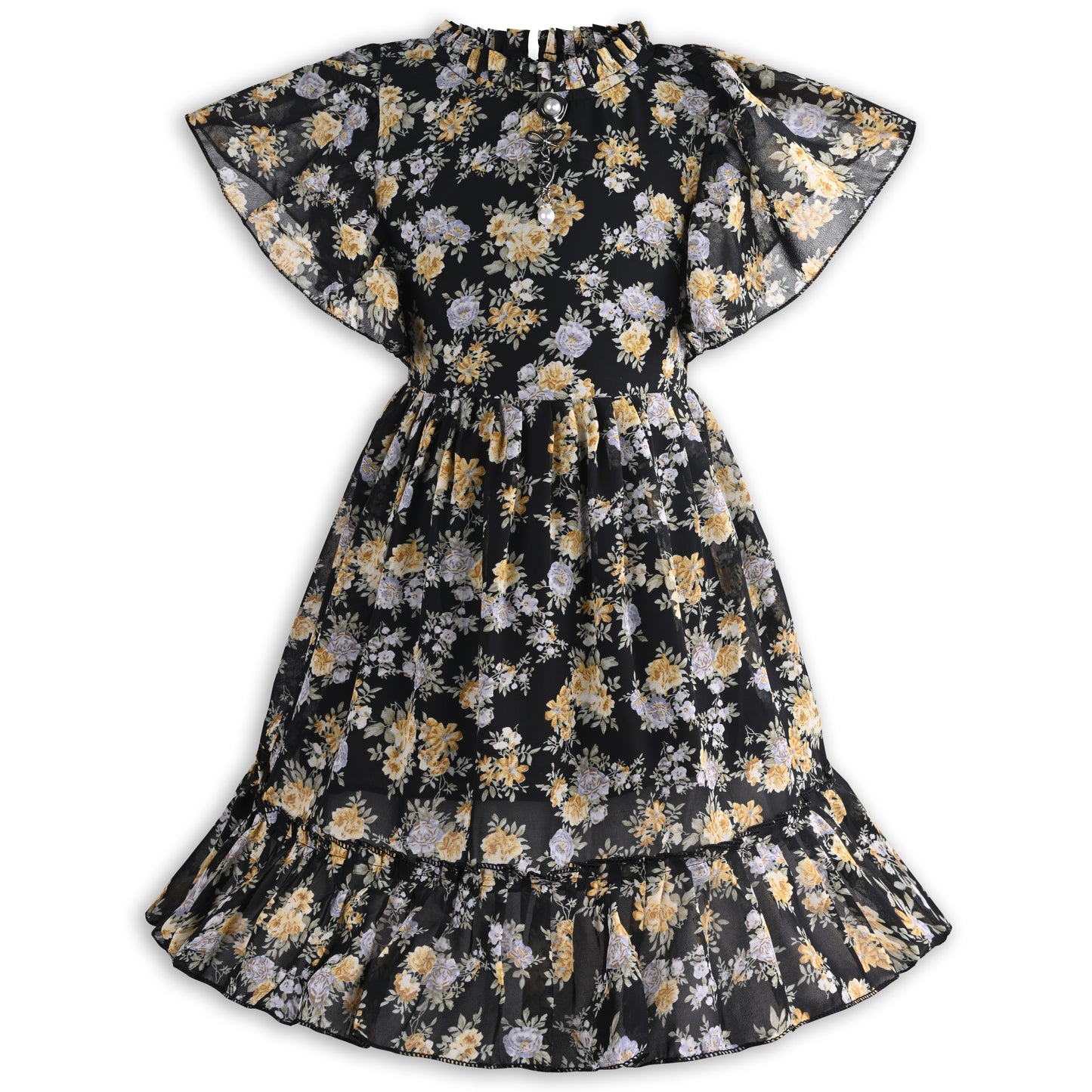 Girls Floral Print Georgette Casual Dress with Flared Sleeves
