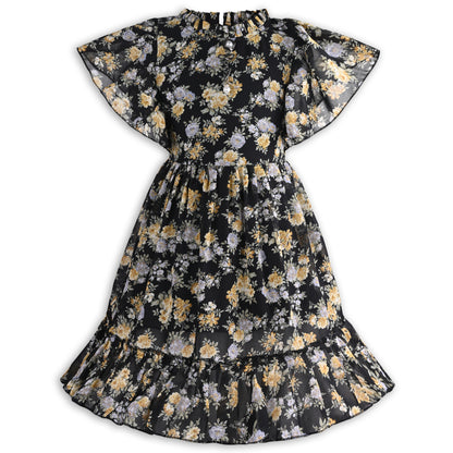Girls Floral Print Georgette Casual Dress with Flared Sleeves