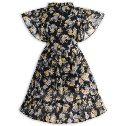 Girls Floral Print Georgette Casual Dress with Flared Sleeves