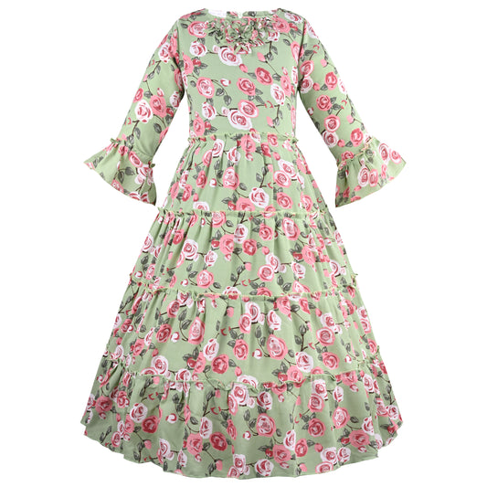Girls Floral Print Bell Sleeve Fit and Flare Frock Dress