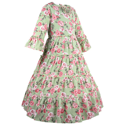 Girls Floral Print Bell Sleeve Fit and Flare Frock Dress