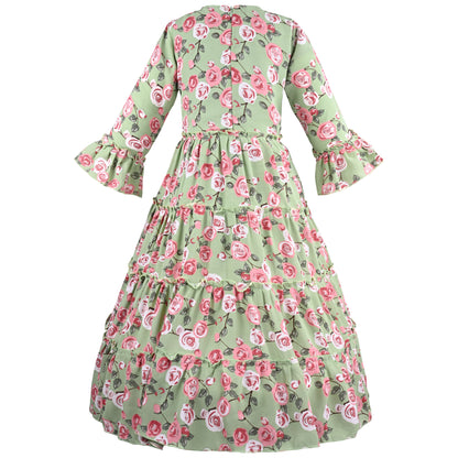 Girls Floral Print Bell Sleeve Fit and Flare Frock Dress
