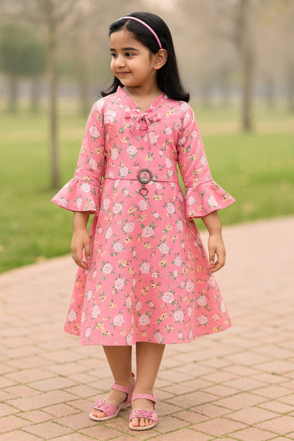 Girls Bell Sleeve Floral Print Fit and Flare Frock Dress