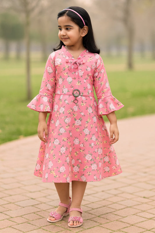 Girls Bell Sleeve Floral Print Fit and Flare Frock Dress