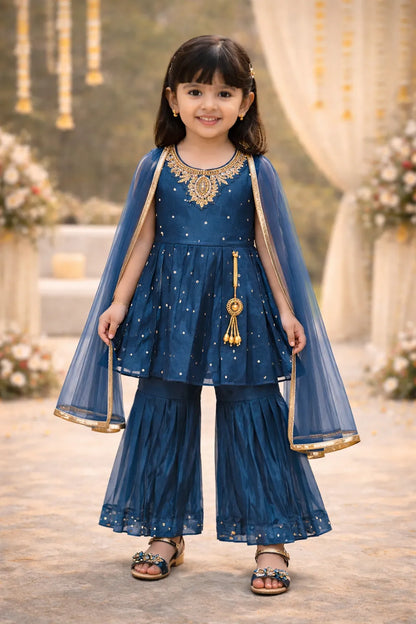 Elegant Satin Ethnic Kurti Set with Sharara & Dupatta