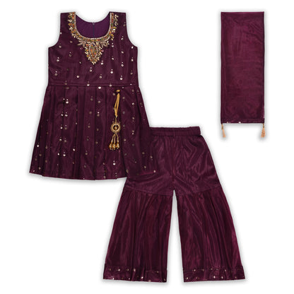 Elegant Satin Ethnic Kurti Set with Sharara & Dupatta
