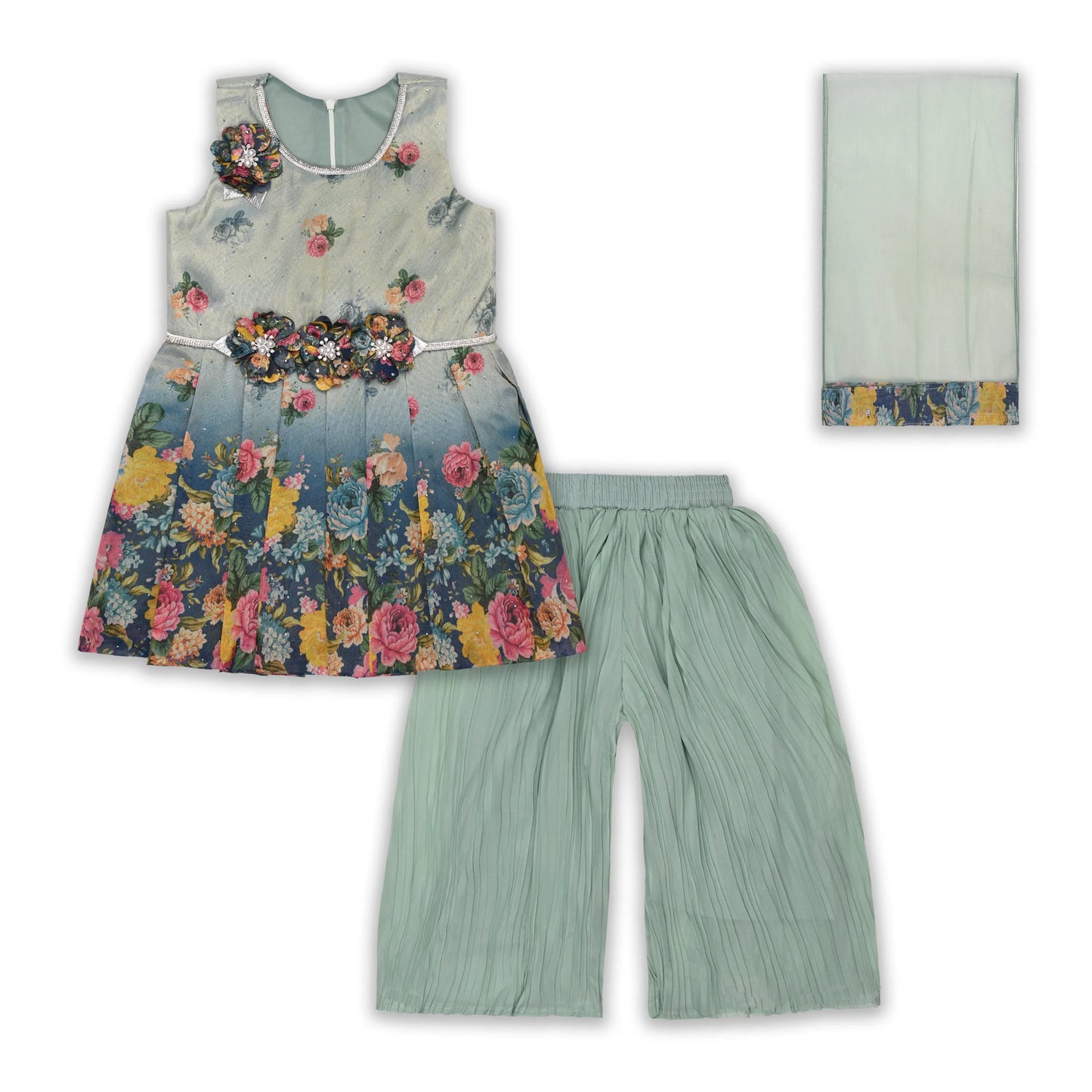 Elegant Georgette Floral Kurti Set with Palazzo & Dupatta