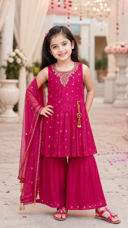 Girls Ethnic Georgette Kurti Set with Sharara & Dupatta – Embellished Party Wear (3-Piece Set)