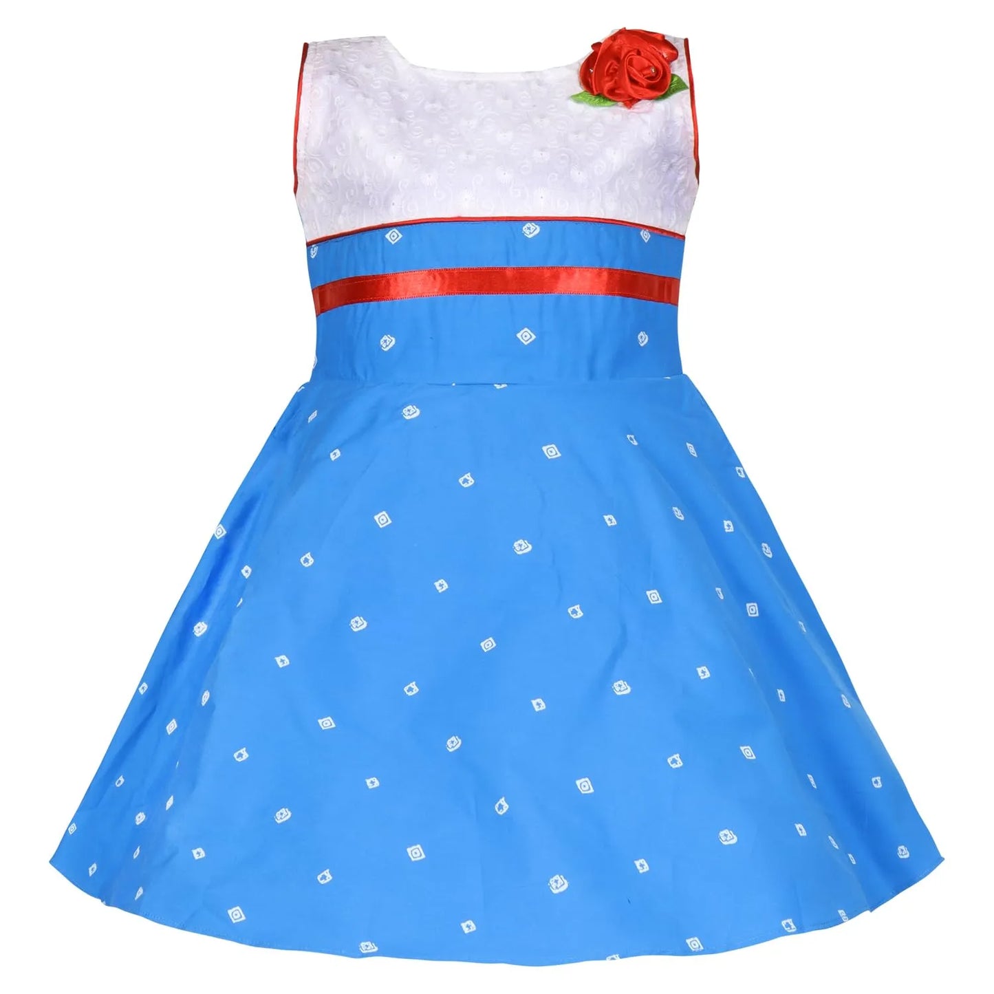 Girls Cotton Printed Summer Dress with Floral Applique