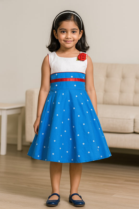 Girls Cotton Printed Floral Applique Summer Dress