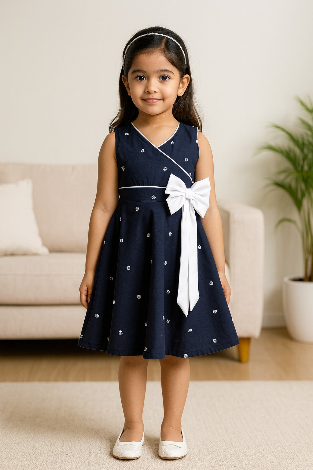 Girls Cotton Printed Summer Dress with Floral Applique