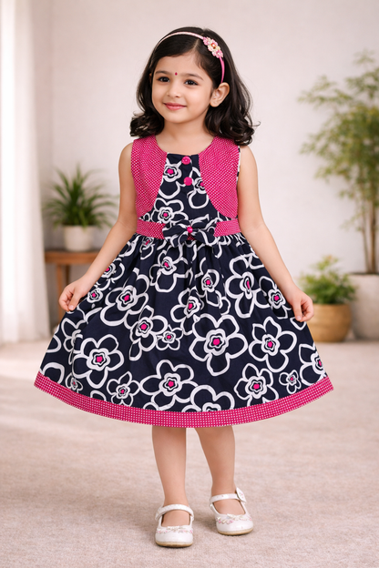 Girls Cotton Printed Sleeveless Frock with Bow – Summer Wear Dress