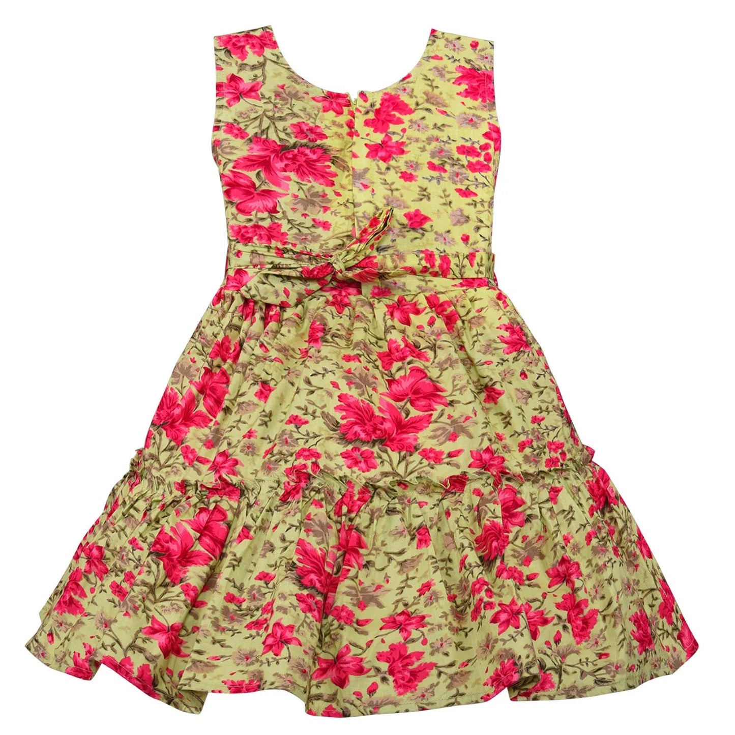 Girls Floral Printed Cotton Frock with Waist Belt