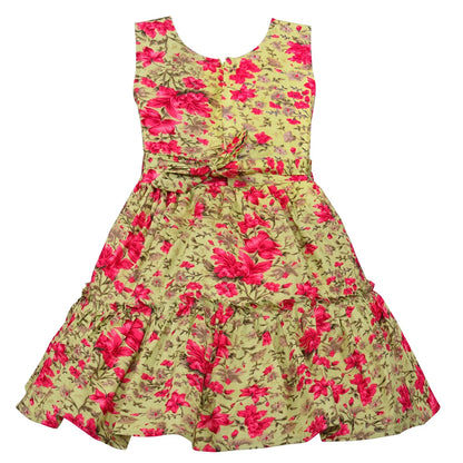 Girls Floral Printed Cotton Frock with Waist Belt