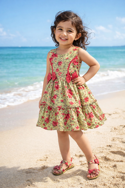 Girls Floral Printed Cotton Frock with Waist Belt
