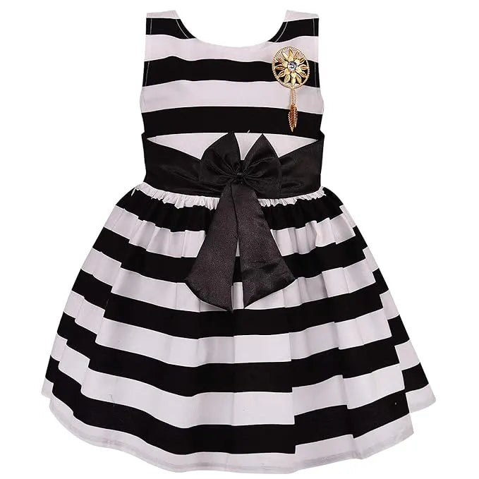 Girls Cotton Sleeveless Striped Party Wear Frock with Bow & Brooch Detail