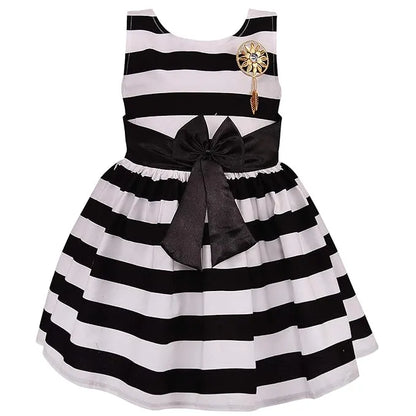 Girls Cotton Sleeveless Striped Party Wear Frock with Bow & Brooch Detail