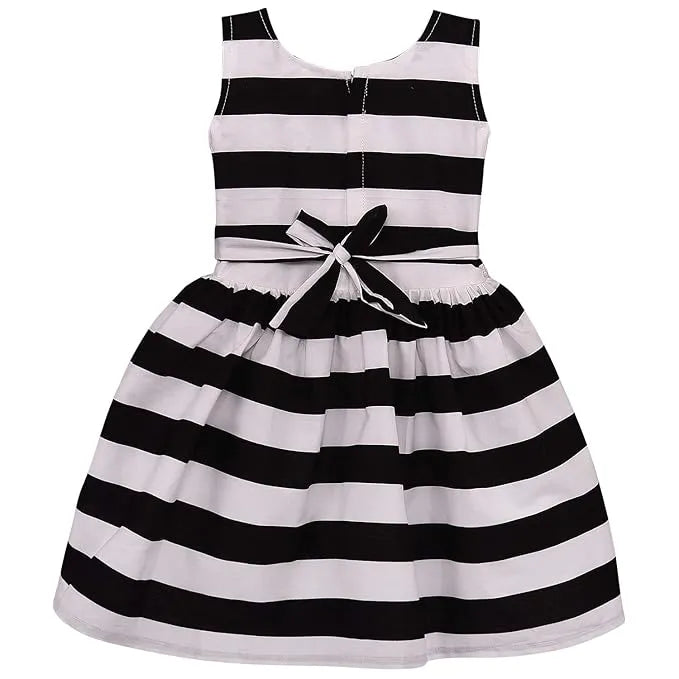 Girls Cotton Sleeveless Striped Party Wear Frock with Bow & Brooch Detail