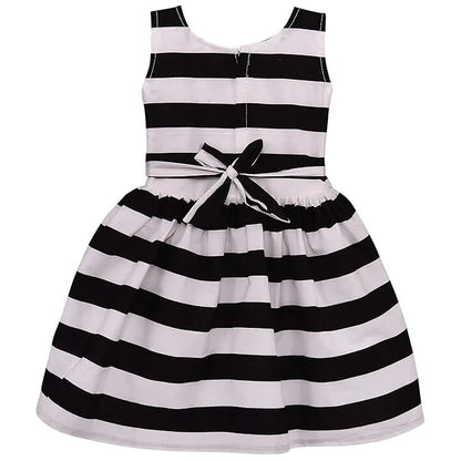 Girls Cotton Sleeveless Striped Party Wear Frock with Bow & Brooch Detail